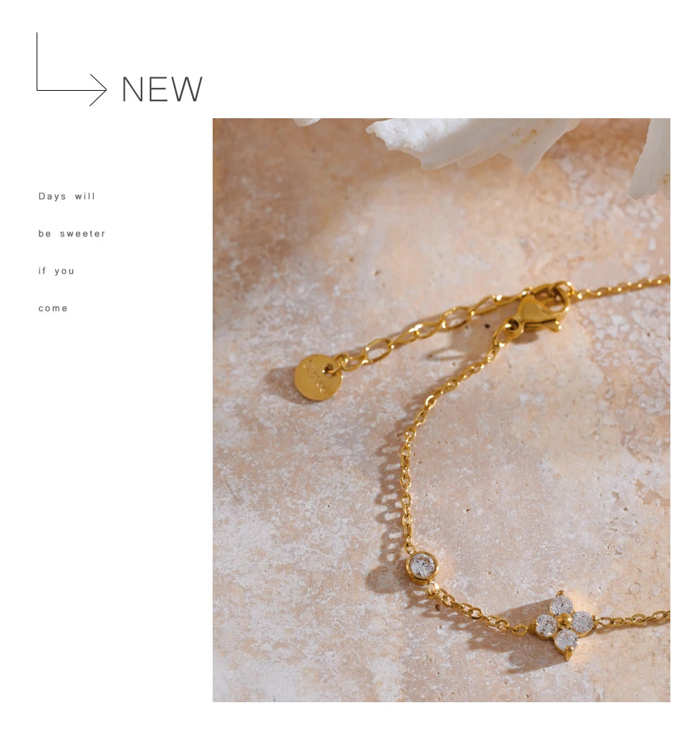 Delicate Cubic Zirconia Flower Chain Thin Bracelet Bangle Stainless Steel Rust Proof Office Ladies Chic Jewelry New Gift