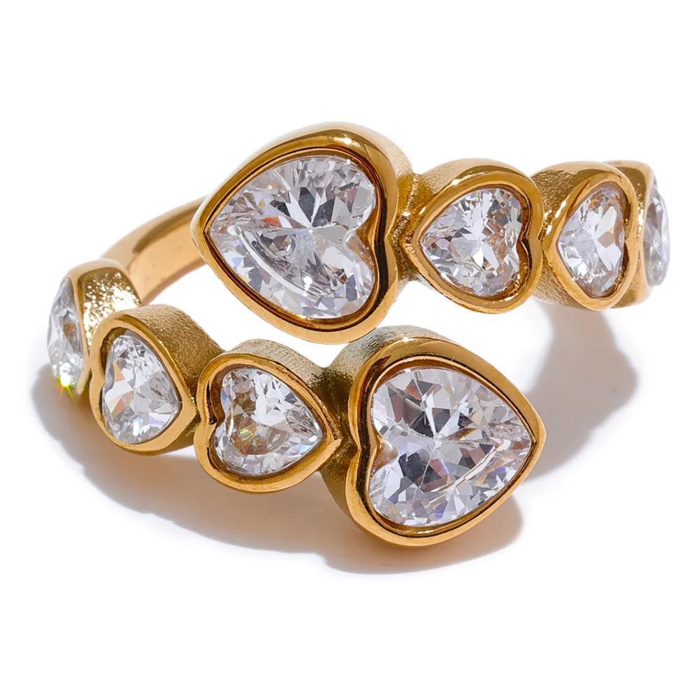 Gold Heart Open Ring with Cubic Zirconia – Adjustable Stainless Steel