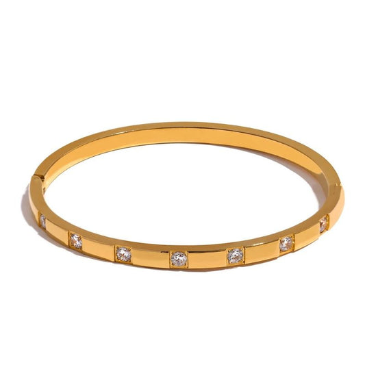 18K Gold Plated Cubic Zirconia Bangle – Waterproof Stainless Steel Bracelet for Women