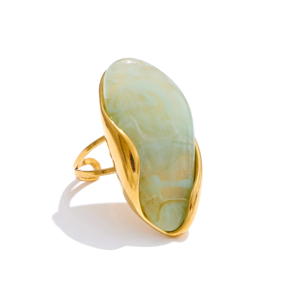 Geometric Resin Adjustable Ring – Brown, Green & Beige, Gold Stainless Steel