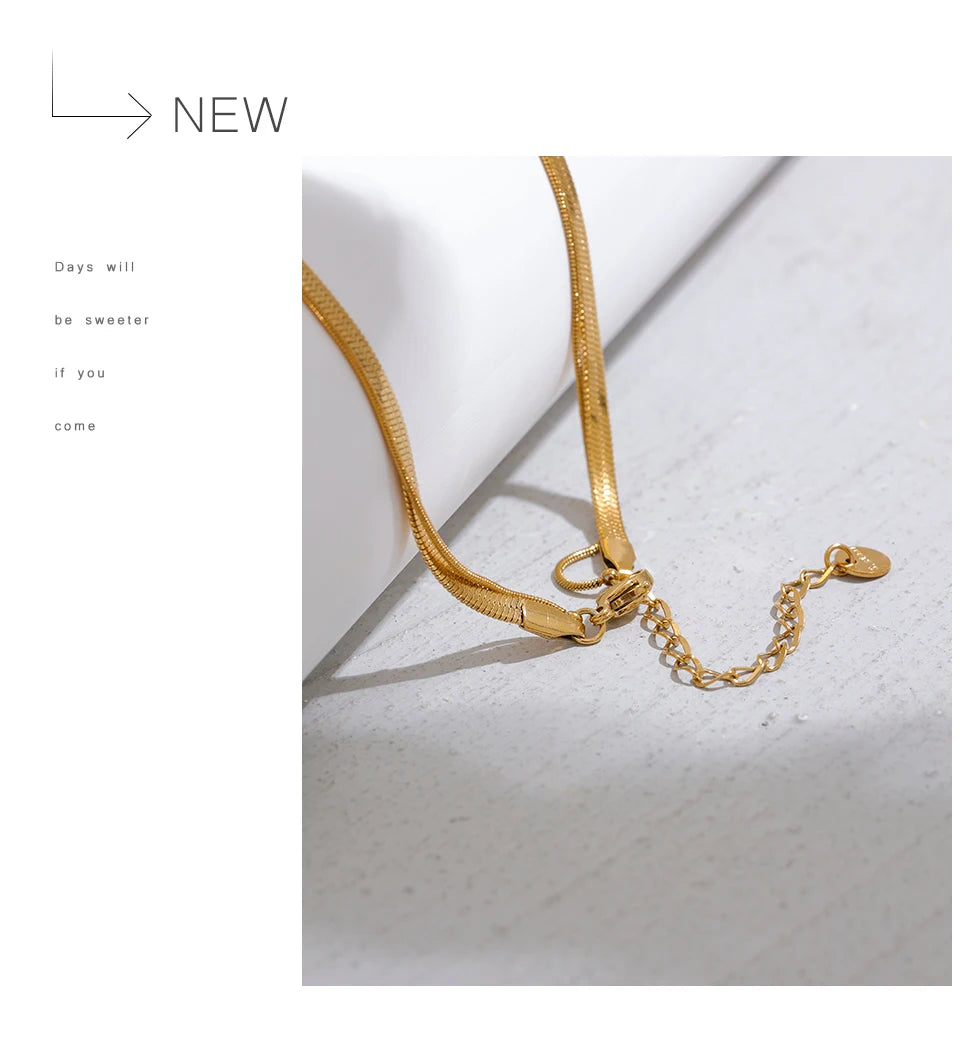 Snake Chain Double Layer Stainless Steel Water Drop Pendant Necklace for Women Statement 18k Gold Color Jewelry Waterproof