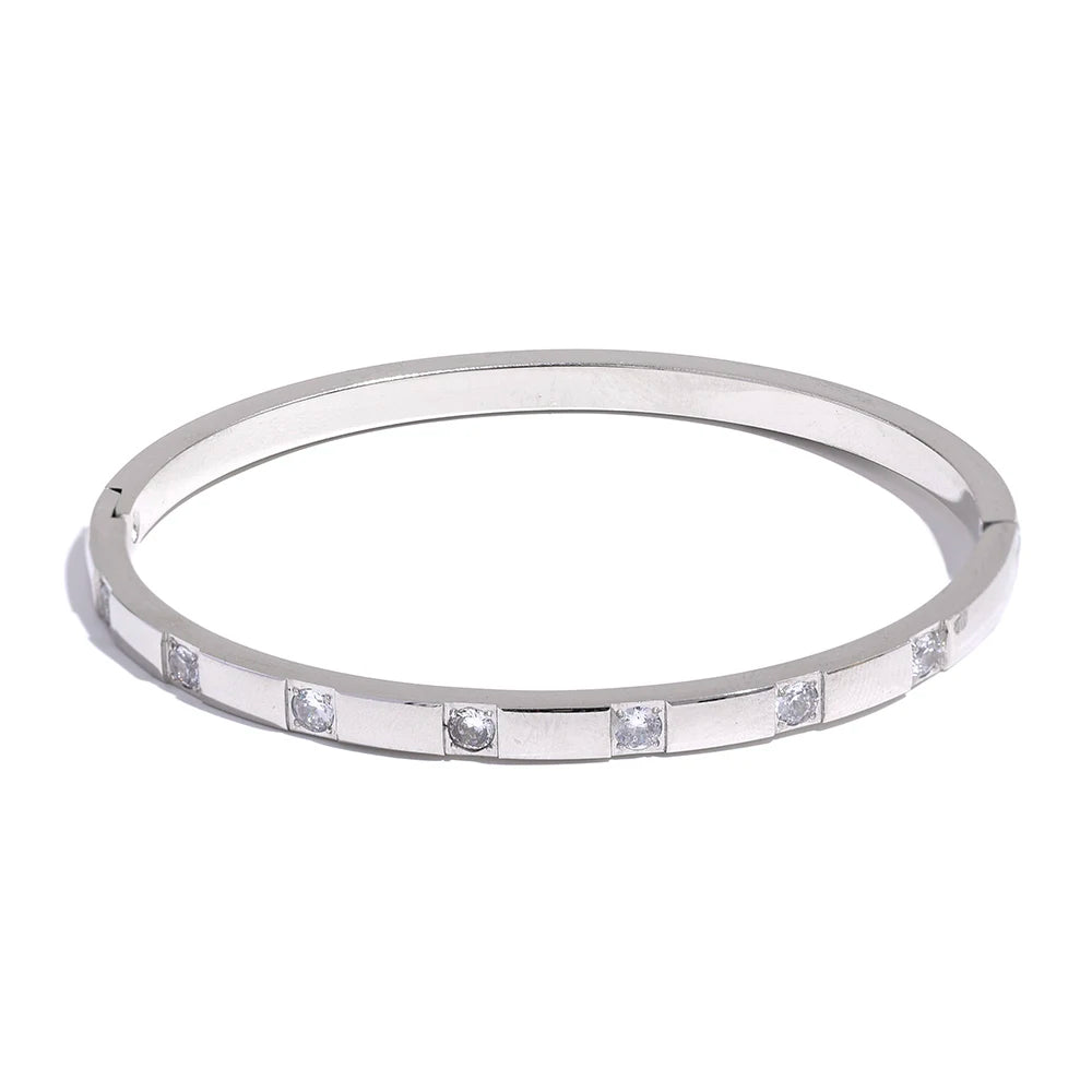 18K Gold Plated Cubic Zirconia Bangle – Waterproof Stainless Steel Bracelet for Women
