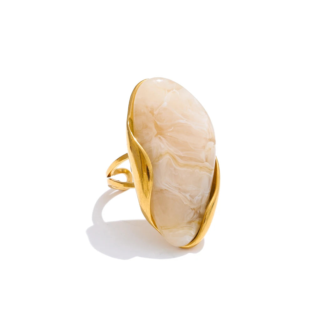 Geometric Resin Adjustable Ring – Brown, Green & Beige, Gold Stainless Steel