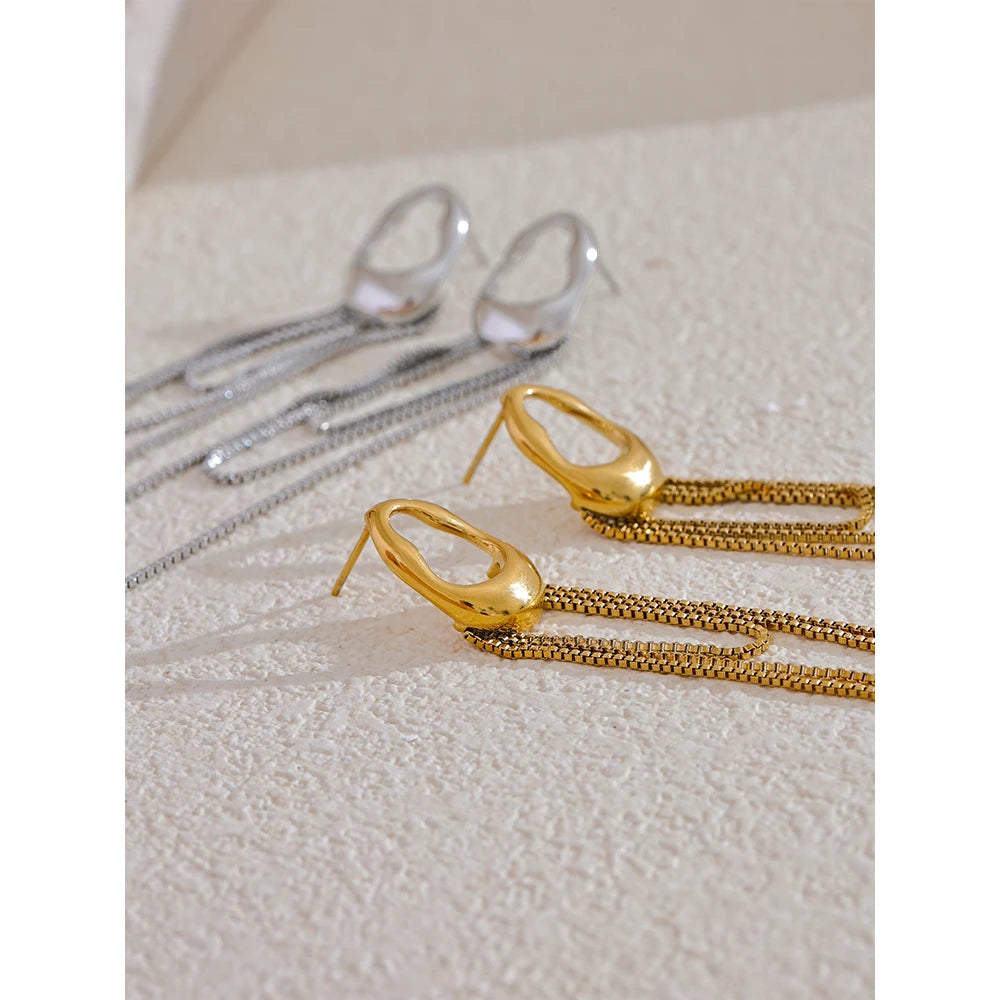 Stainless Steel Tassel Chain Drop Earrings – Geometric, Waterproof Jewelry Gift