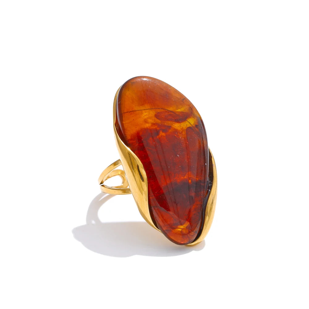 Geometric Resin Adjustable Ring – Brown, Green & Beige, Gold Stainless Steel