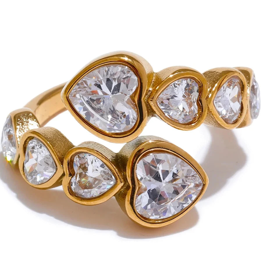 Gold Heart Open Ring with Cubic Zirconia – Adjustable Stainless Steel