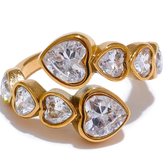 Gold Heart Open Ring with Cubic Zirconia – Adjustable Stainless Steel