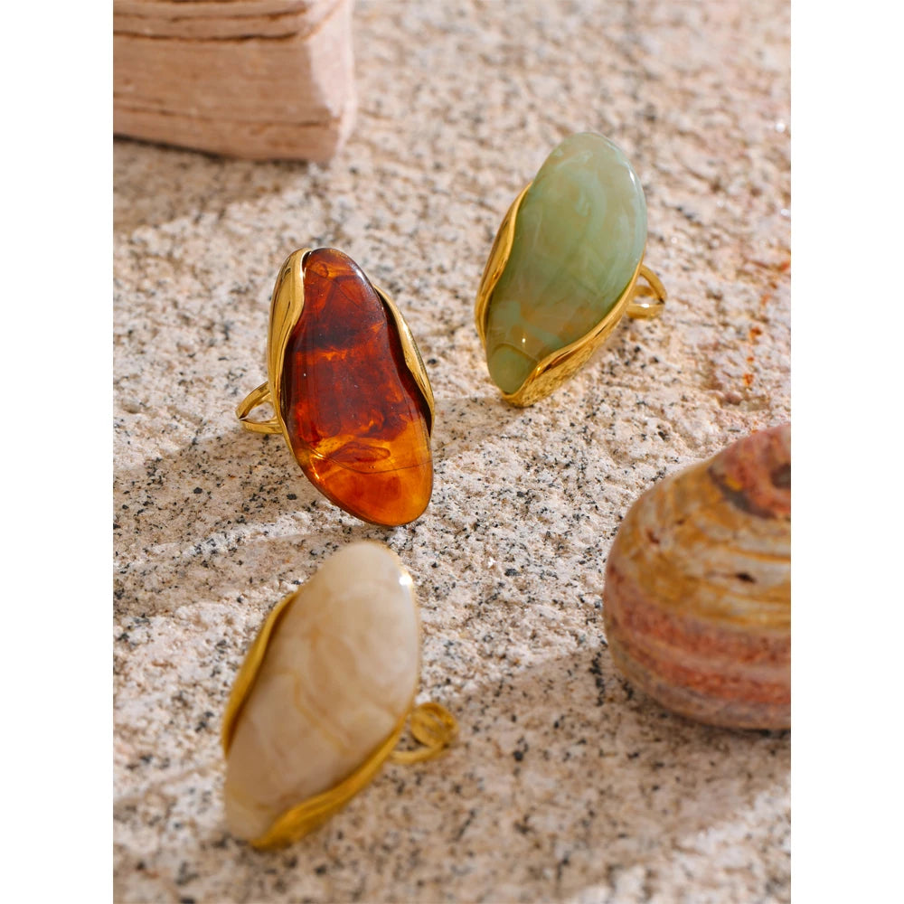 Geometric Resin Adjustable Ring – Brown, Green & Beige, Gold Stainless Steel