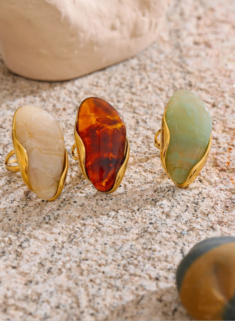 Geometric Resin Adjustable Ring – Brown, Green & Beige, Gold Stainless Steel