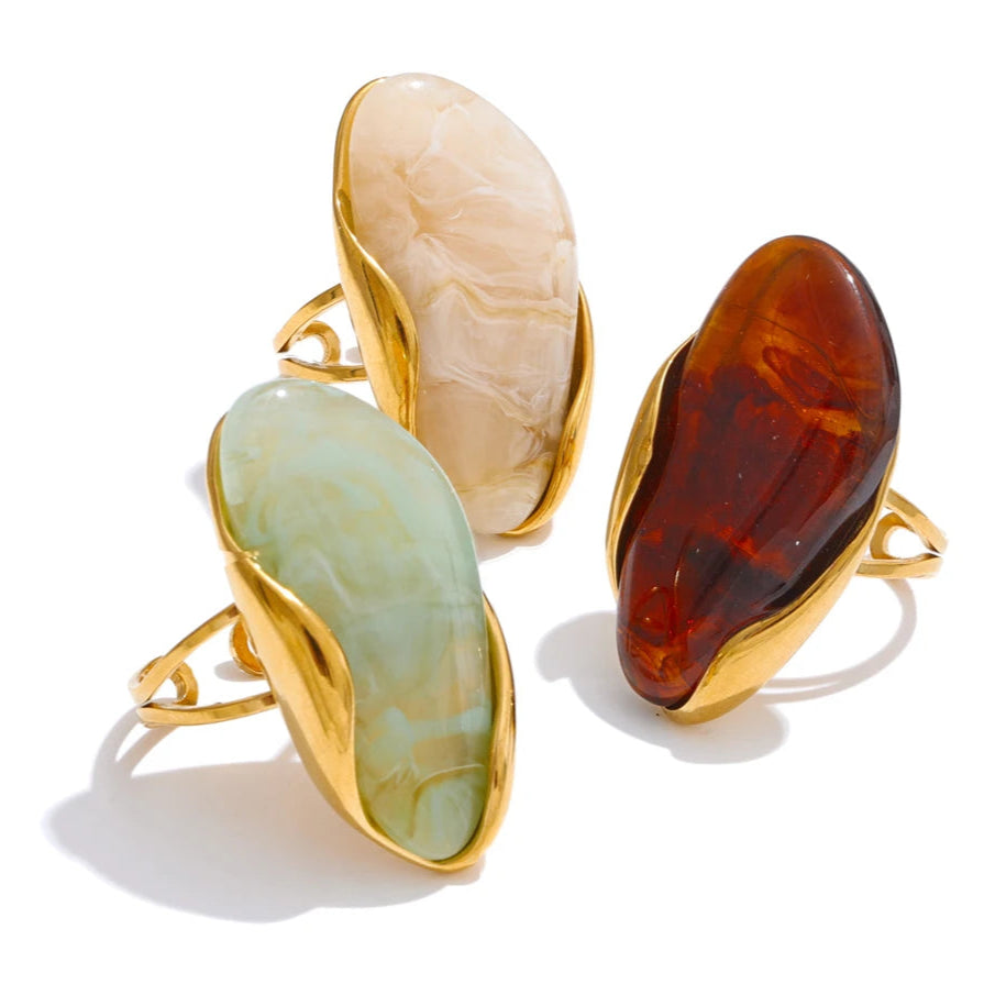 Geometric Resin Adjustable Ring – Brown, Green & Beige, Gold Stainless Steel