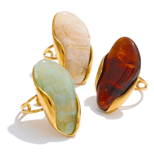 Geometric Resin Adjustable Ring – Brown, Green & Beige, Gold Stainless Steel