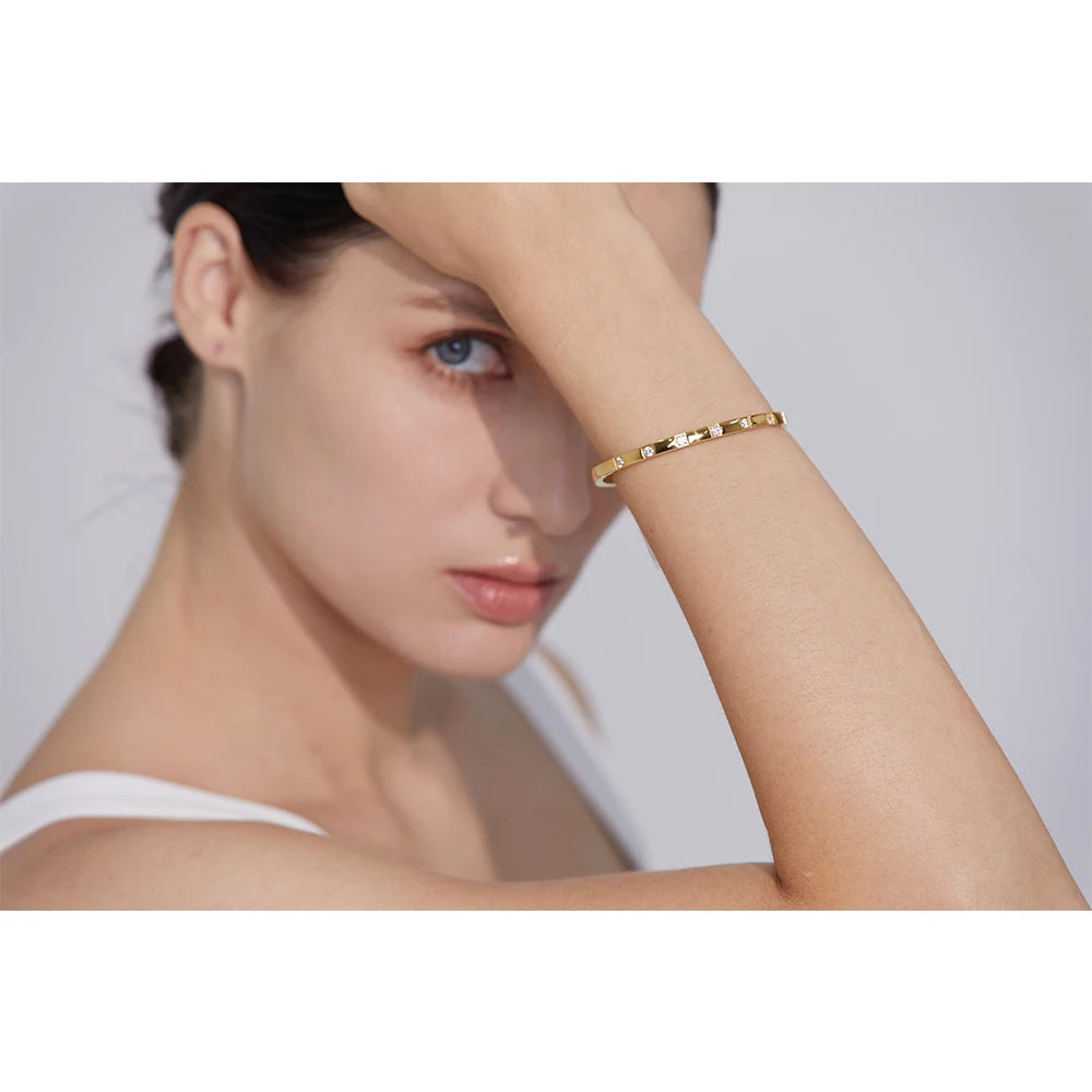 18K Gold Plated Cubic Zirconia Bangle – Waterproof Stainless Steel Bracelet for Women