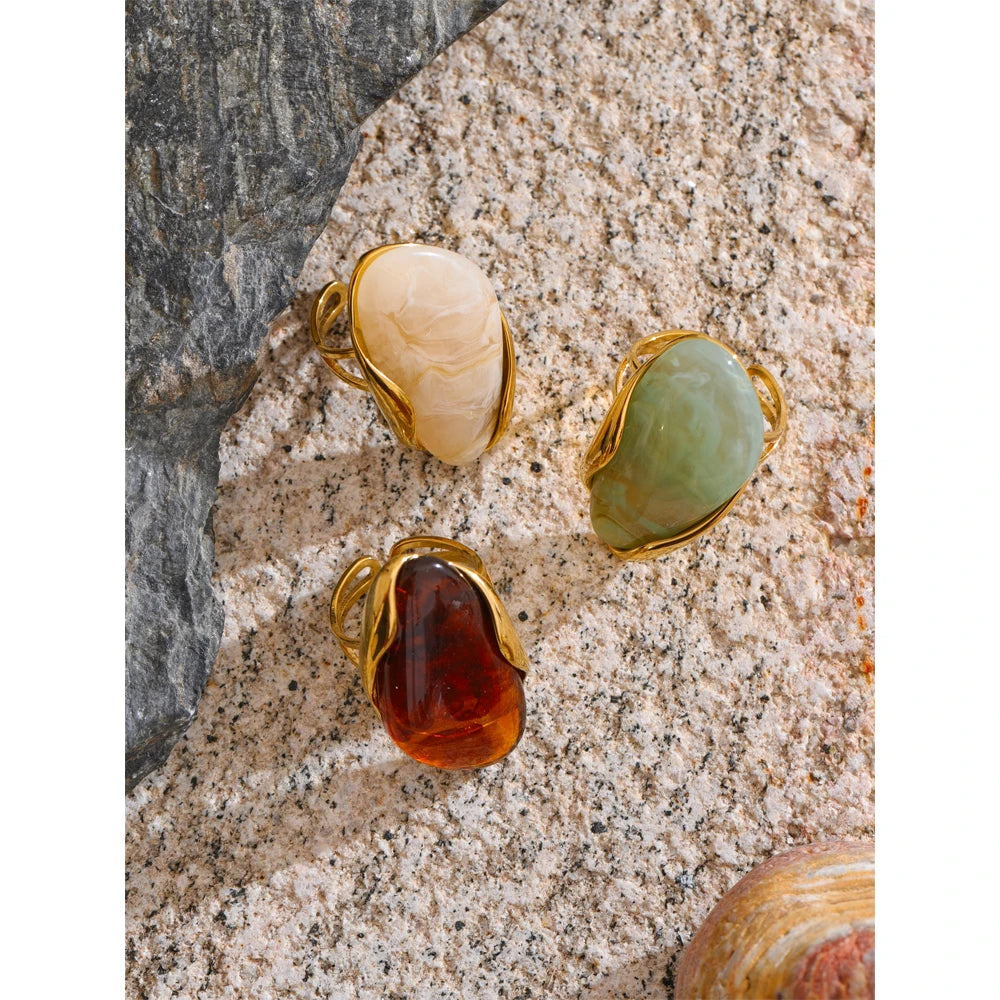 Geometric Resin Adjustable Ring – Brown, Green & Beige, Gold Stainless Steel
