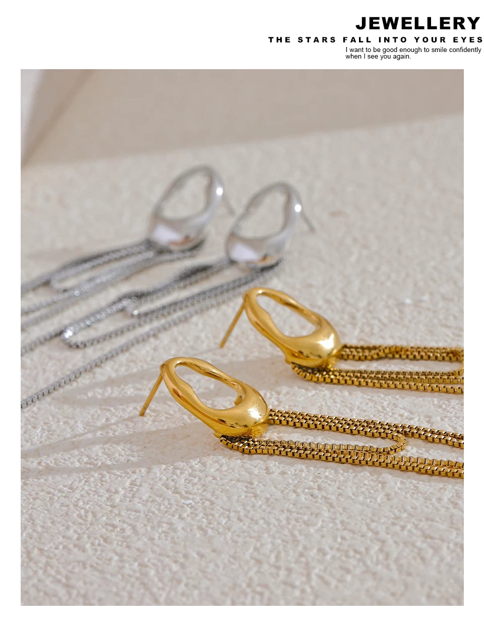 Stainless Steel Tassel Chain Drop Earrings – Geometric, Waterproof Jewelry Gift