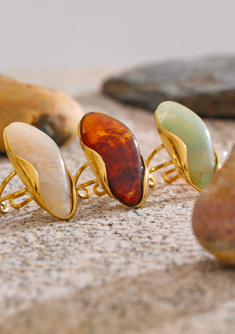 Geometric Resin Adjustable Ring – Brown, Green & Beige, Gold Stainless Steel