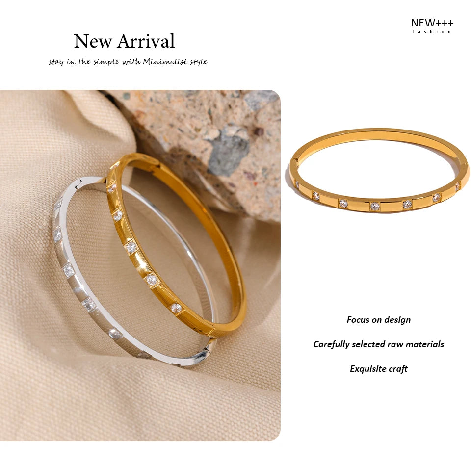 18K Gold Plated Cubic Zirconia Bangle – Waterproof Stainless Steel Bracelet for Women