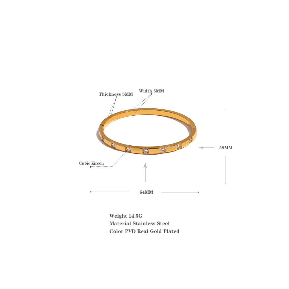 18K Gold Plated Cubic Zirconia Bangle – Waterproof Stainless Steel Bracelet for Women