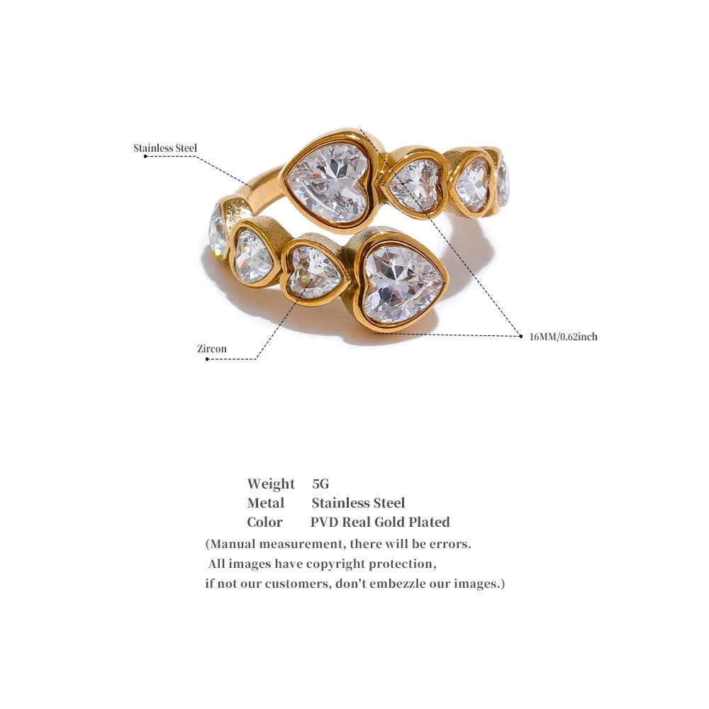 Gold Heart Open Ring with Cubic Zirconia – Adjustable Stainless Steel