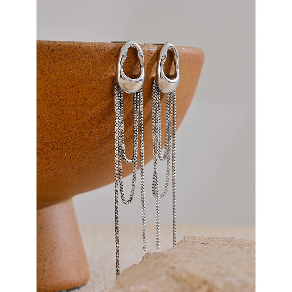 Stainless Steel Tassel Chain Drop Earrings – Geometric, Waterproof Jewelry Gift