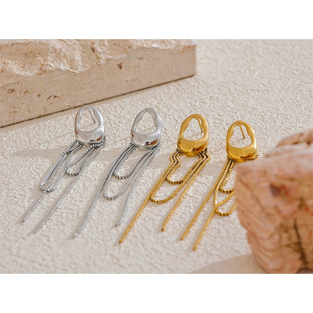 Stainless Steel Tassel Chain Drop Earrings – Geometric, Waterproof Jewelry Gift