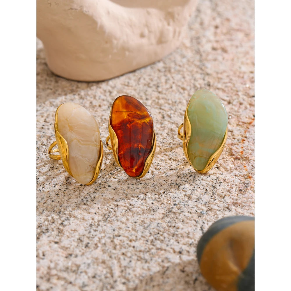 Geometric Resin Adjustable Ring – Brown, Green & Beige, Gold Stainless Steel