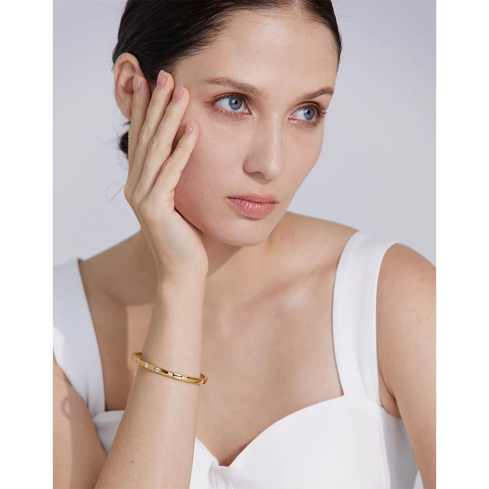 18K Gold Plated Cubic Zirconia Bangle – Waterproof Stainless Steel Bracelet for Women