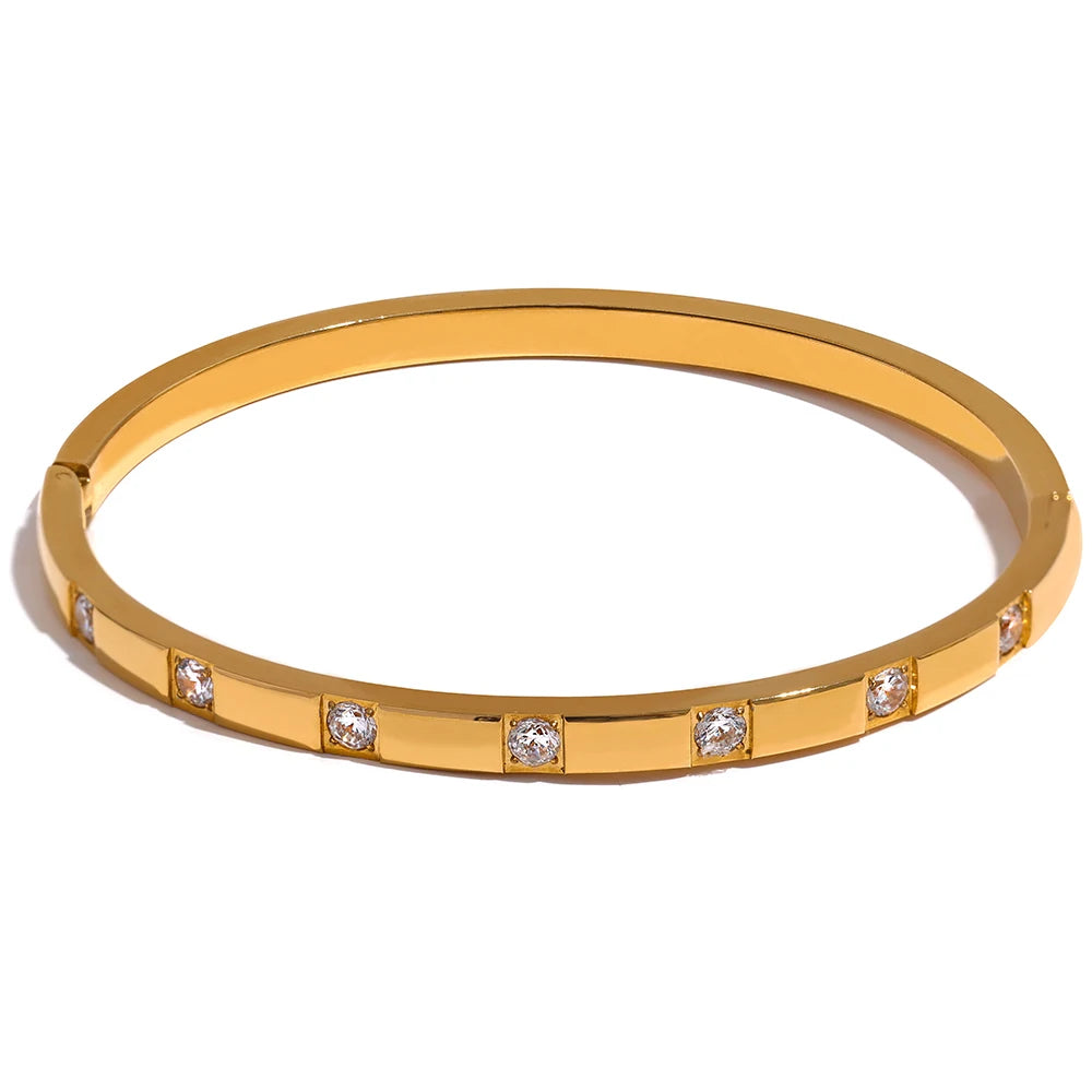 18K Gold Plated Cubic Zirconia Bangle – Waterproof Stainless Steel Bracelet for Women