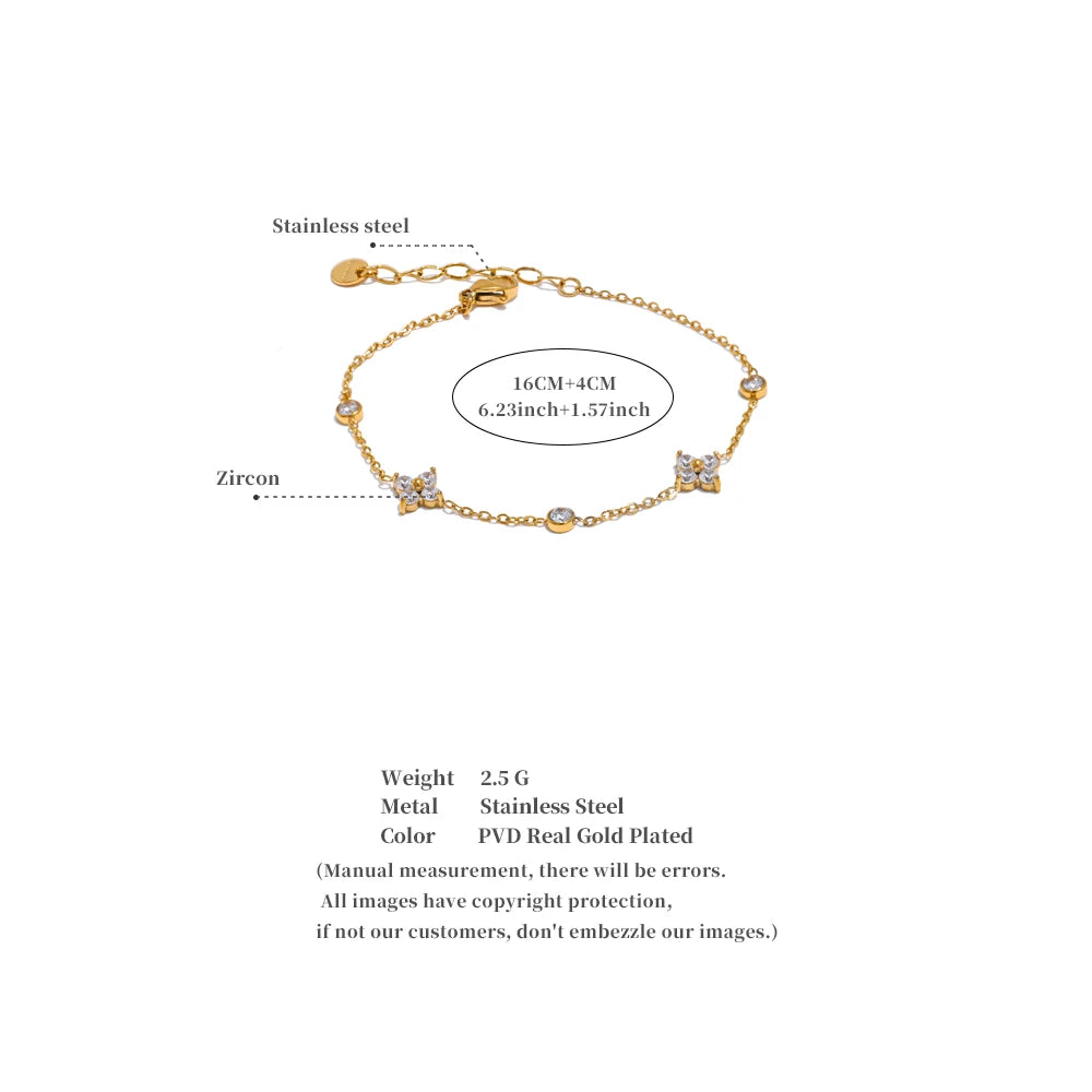 Delicate Cubic Zirconia Flower Chain Thin Bracelet Bangle Stainless Steel Rust Proof Office Ladies Chic Jewelry New Gift