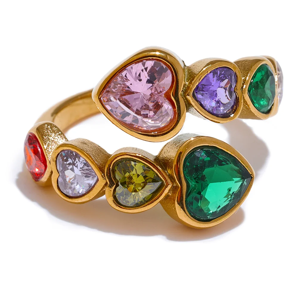 Gold Heart Open Ring with Cubic Zirconia – Adjustable Stainless Steel